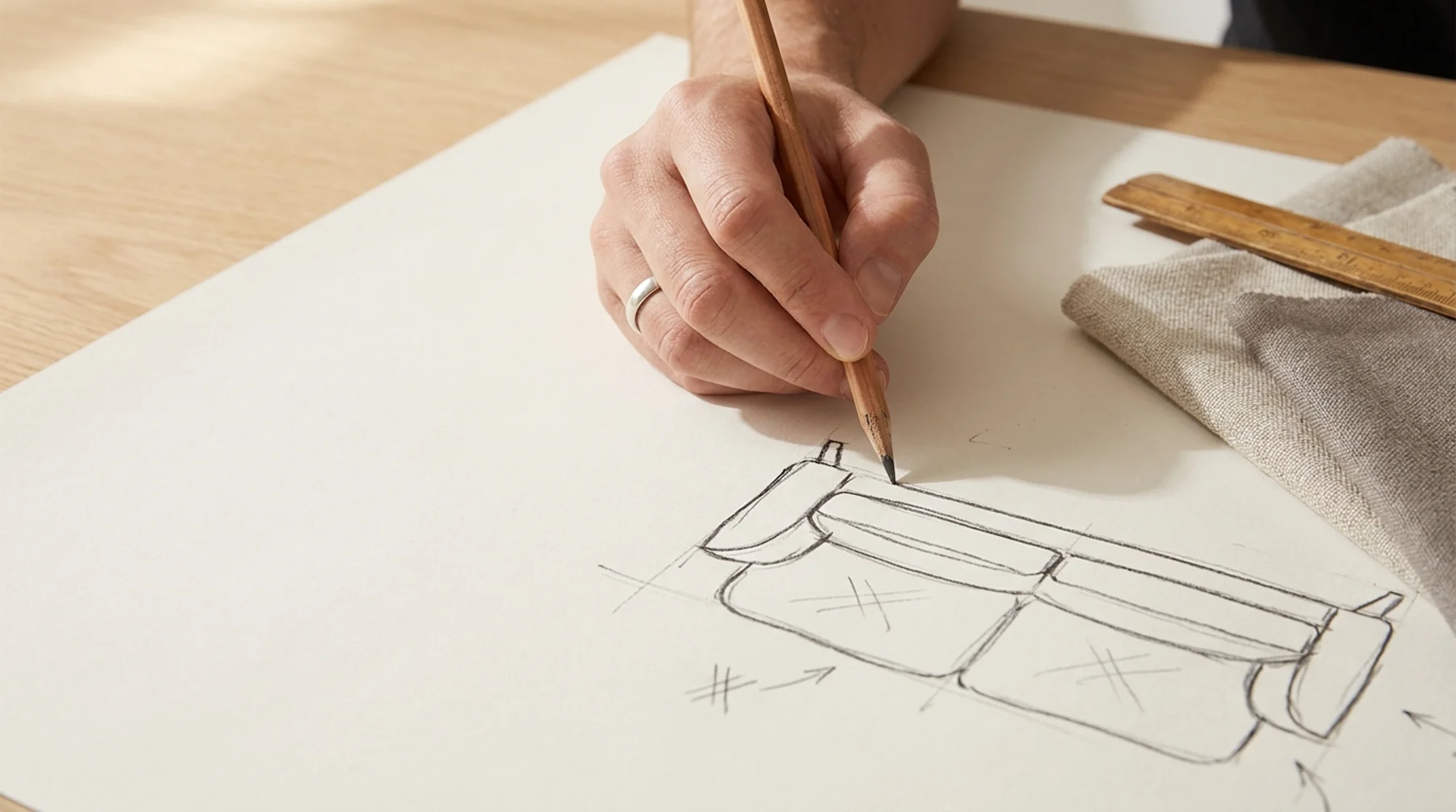 A hand drawing a sofa in profile on paper with a pencil, beside a wooden ruler and a folded fabric swatch.