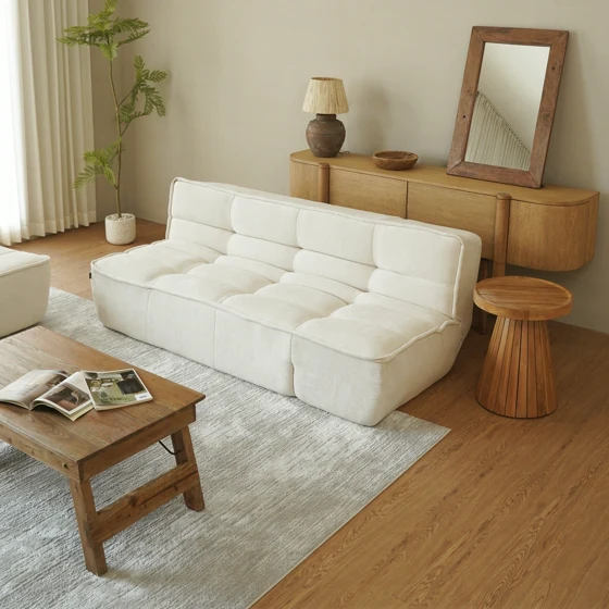 The Futuraflex hybrid sofa in cream, in a room with an oak sideboard, a leaning mirror and a woven rug.