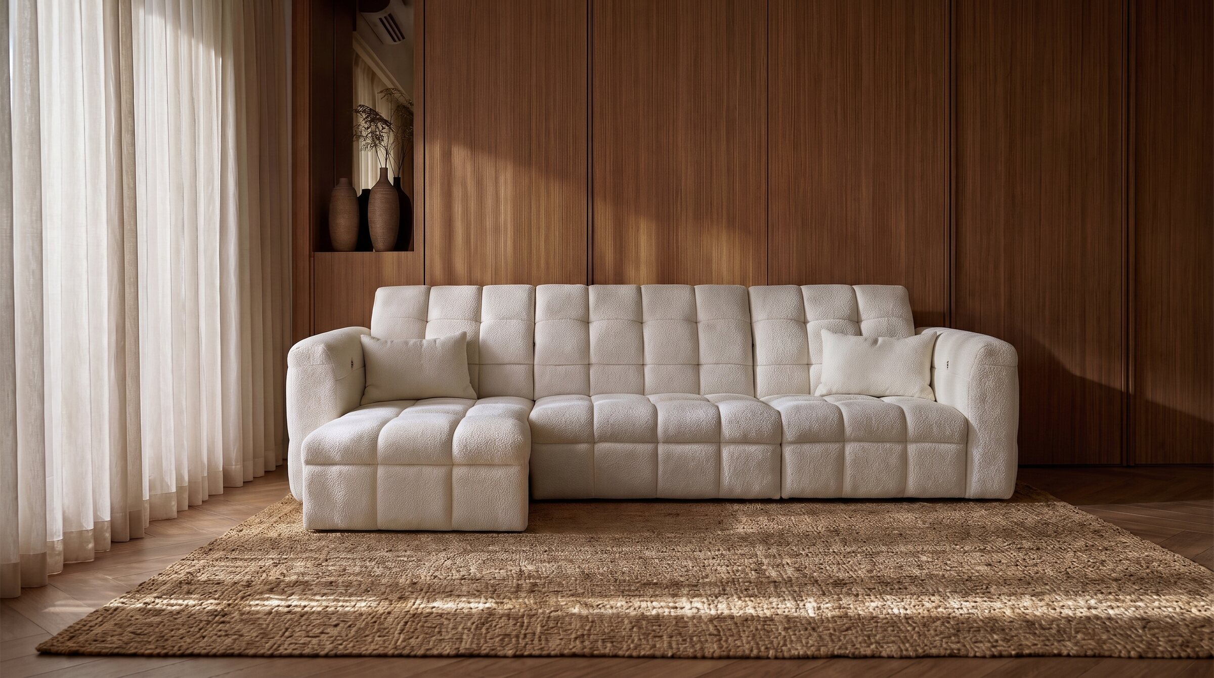 Klara sofa in golden evening light against a warm wood-panelled wall