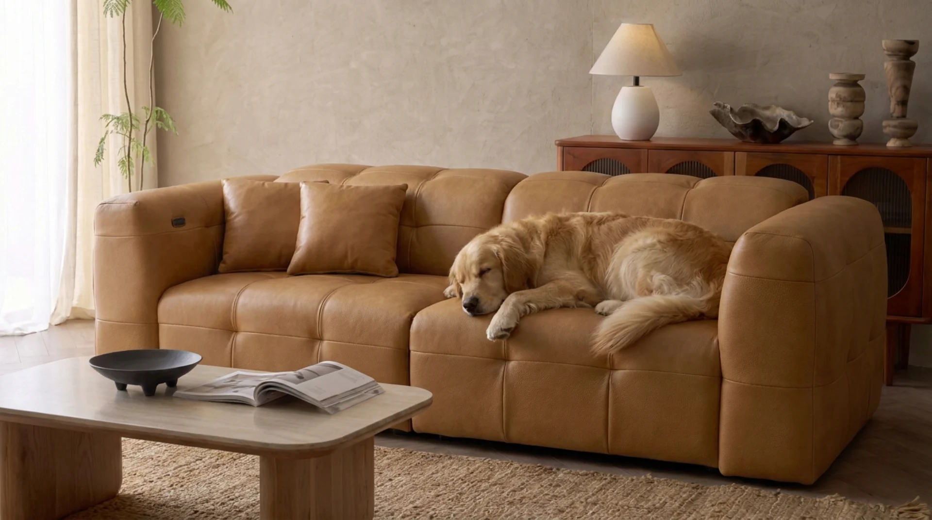 Golden retriever asleep on the Klara in Eco-Tex leather