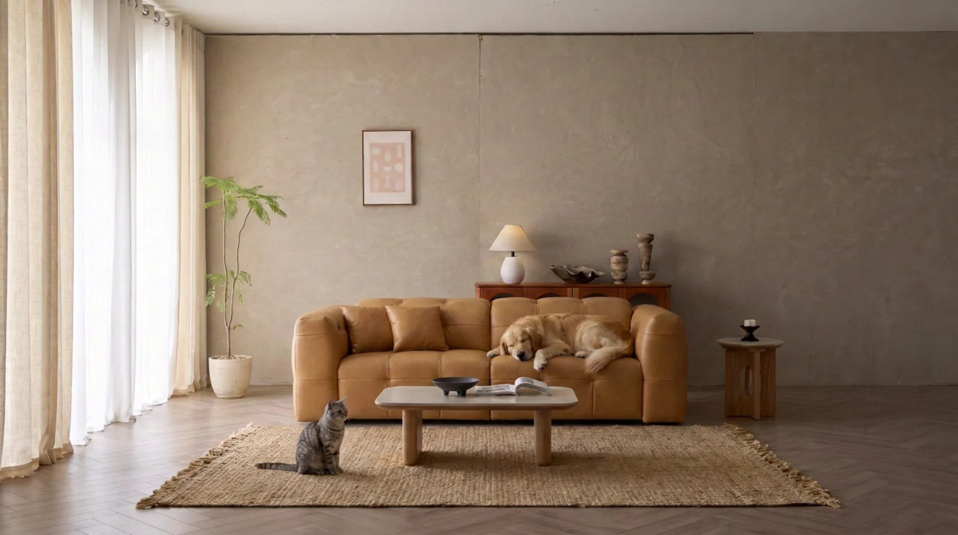 A golden retriever asleep on a tan leather sofa, with a cat sitting on the rug in front of it.